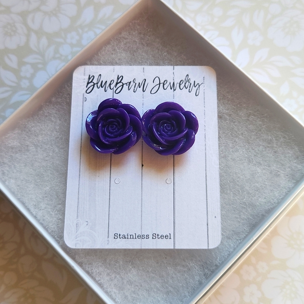 Handmade Dark Purple Rose Stud Earrings